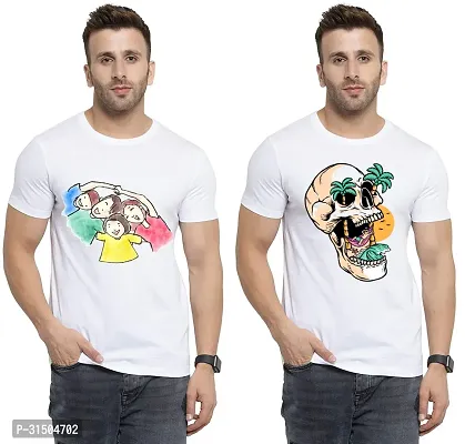 Stylish White Polyester Printed Short Sleeves T-Shirt For Men Pack Of 2-thumb0