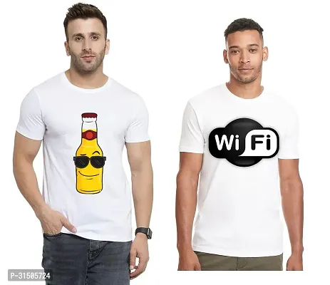 Stylish White Polyester Printed Short Sleeves T-Shirt For Men Pack Of 2