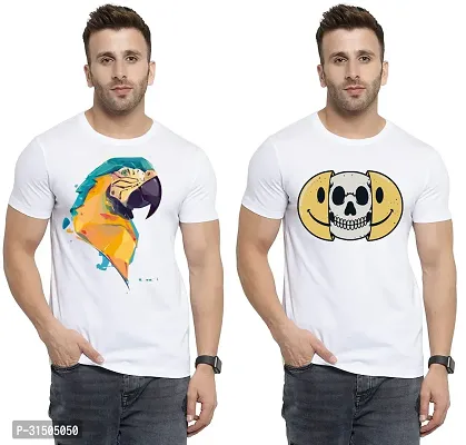 Stylish White Polyester Printed Short Sleeves T-Shirt For Men Pack Of 2-thumb0