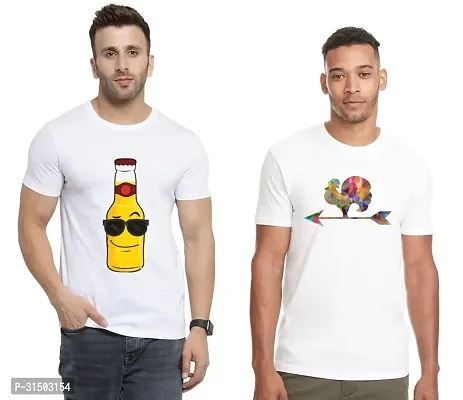 Stylish White Polyester Printed Short Sleeves T-Shirt For Men Pack Of 2