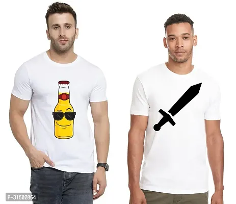 Stylish White Polyester Printed Short Sleeves T-Shirt For Men Pack Of 2