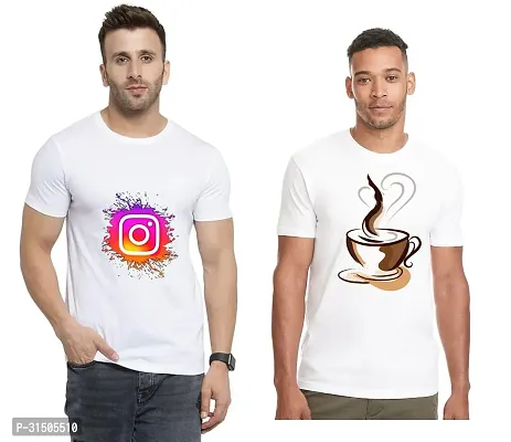 Stylish White Polyester Printed Short Sleeves T-Shirt For Men Pack Of 2