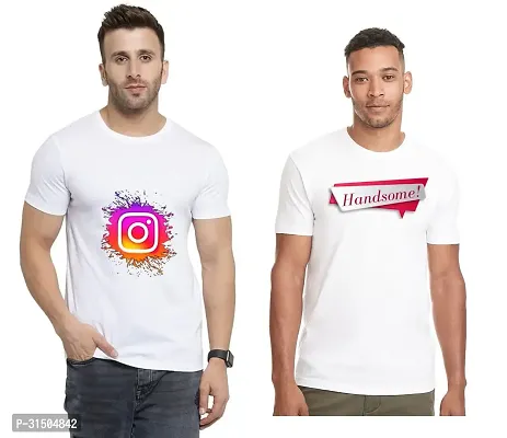 Stylish White Polyester Printed Short Sleeves T-Shirt For Men Pack Of 2