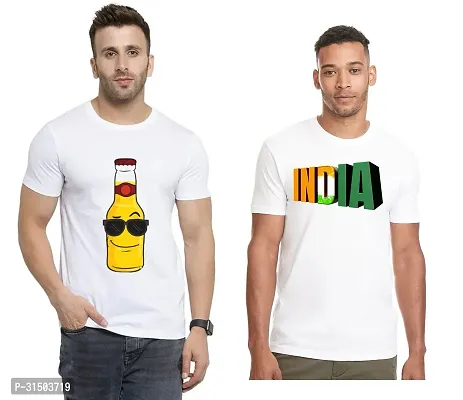 Stylish White Polyester Printed Short Sleeves T-Shirt For Men Pack Of 2