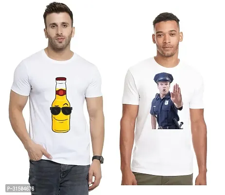 Stylish White Polyester Printed Short Sleeves T-Shirt For Men Pack Of 2