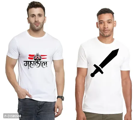 Stylish White Polyester Printed Short Sleeves T-Shirt For Men Pack Of 2