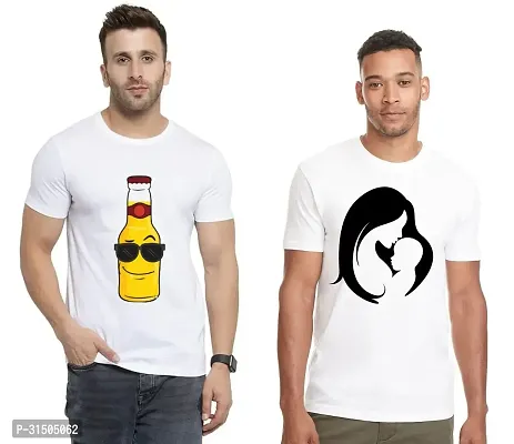 Stylish White Polyester Printed Short Sleeves T-Shirt For Men Pack Of 2