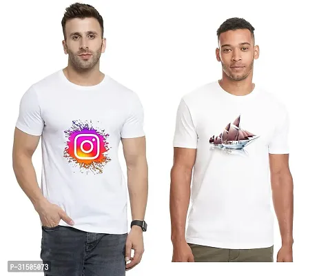 Stylish White Polyester Printed Short Sleeves T-Shirt For Men Pack Of 2