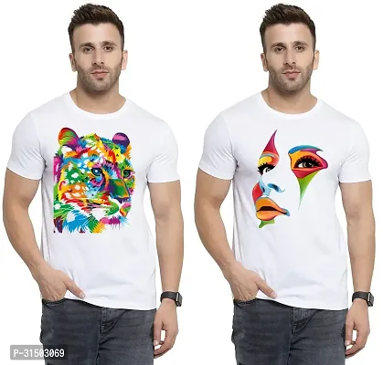 Stylish White Polyester Printed Short Sleeves T-Shirt For Men Pack Of 2