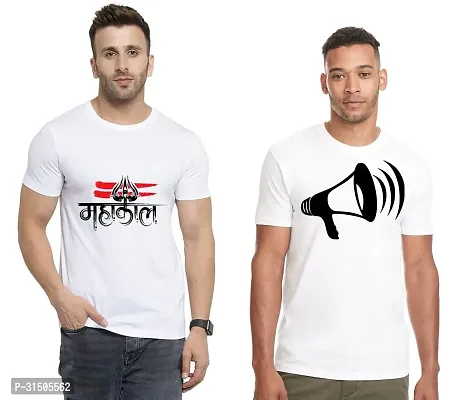 Stylish White Polyester Printed Short Sleeves T-Shirt For Men Pack Of 2