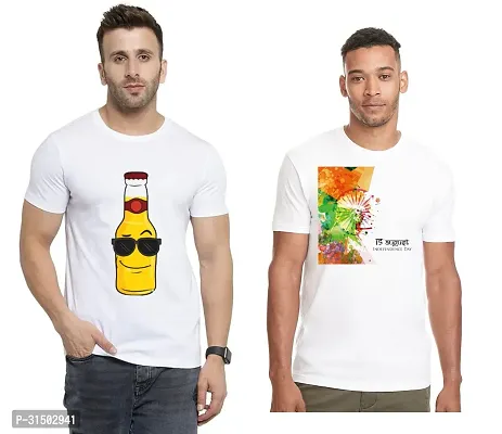 Stylish White Polyester Printed Short Sleeves T-Shirt For Men Pack Of 2-thumb0