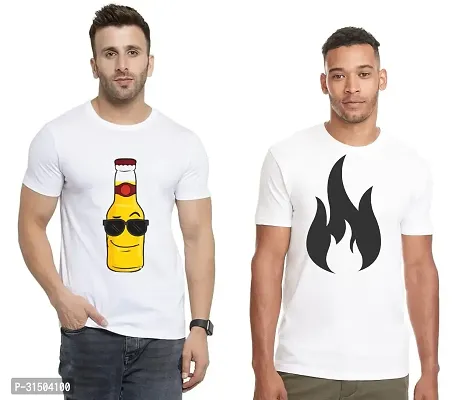 Stylish White Polyester Printed Short Sleeves T-Shirt For Men Pack Of 2