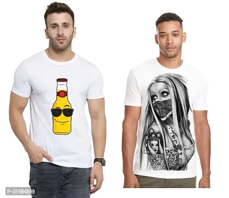 Stylish White Polyester Printed Short Sleeves T-Shirt For Men Pack Of 2-thumb0