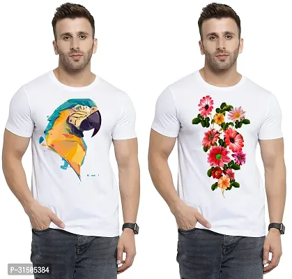 Stylish White Polyester Printed Short Sleeves T-Shirt For Men Pack Of 2