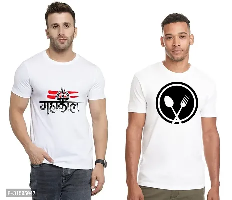 Stylish White Polyester Printed Short Sleeves T-Shirt For Men Pack Of 2