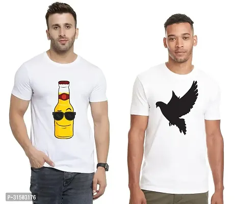 Stylish White Polyester Printed Short Sleeves T-Shirt For Men Pack Of 2