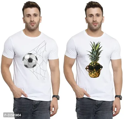 Stylish White Polyester Printed Short Sleeves T-Shirt For Men Pack Of 2