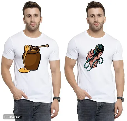 Stylish White Polyester Printed Short Sleeves T-Shirt For Men Pack Of 2-thumb0