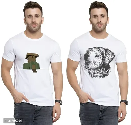 Stylish White Polyester Printed Short Sleeves T-Shirt For Men Pack Of 2