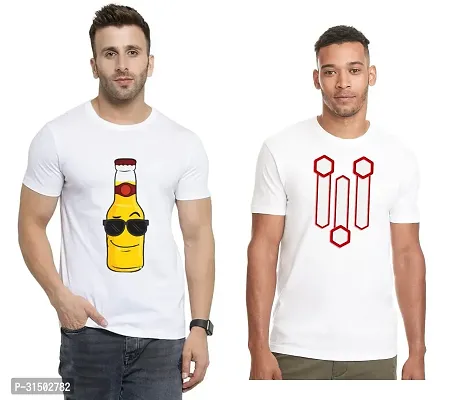 Stylish White Polyester Printed Short Sleeves T-Shirt For Men Pack Of 2