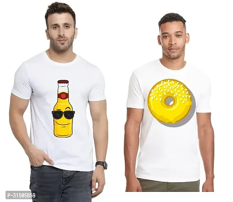 Stylish White Polyester Printed Short Sleeves T-Shirt For Men Pack Of 2