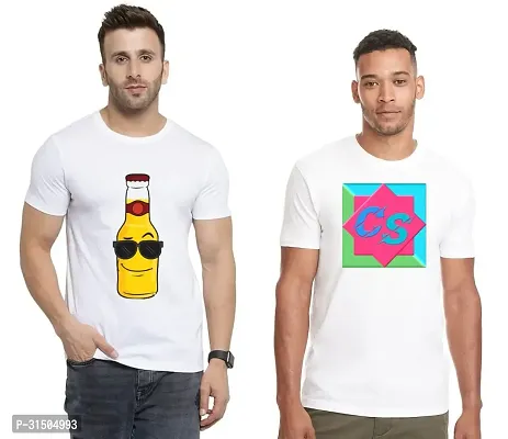 Stylish White Polyester Printed Short Sleeves T-Shirt For Men Pack Of 2