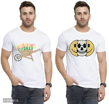 Stylish White Polyester Printed Short Sleeves T-Shirt For Men Pack Of 2