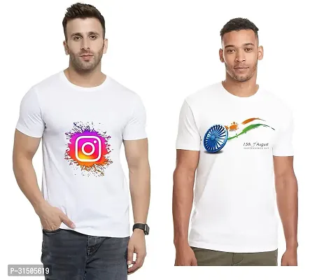 Stylish White Polyester Printed Short Sleeves T-Shirt For Men Pack Of 2