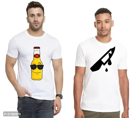 Stylish White Polyester Printed Short Sleeves T-Shirt For Men Pack Of 2