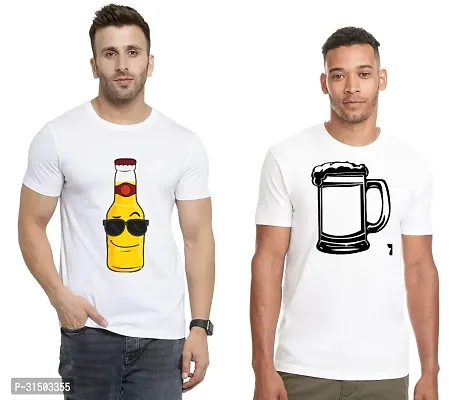 Stylish White Polyester Printed Short Sleeves T-Shirt For Men Pack Of 2