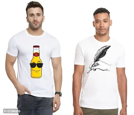 Stylish White Polyester Printed Short Sleeves T-Shirt For Men Pack Of 2