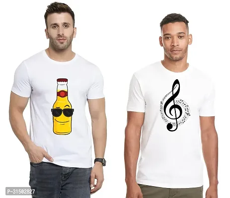 Stylish White Polyester Printed Short Sleeves T-Shirt For Men Pack Of 2