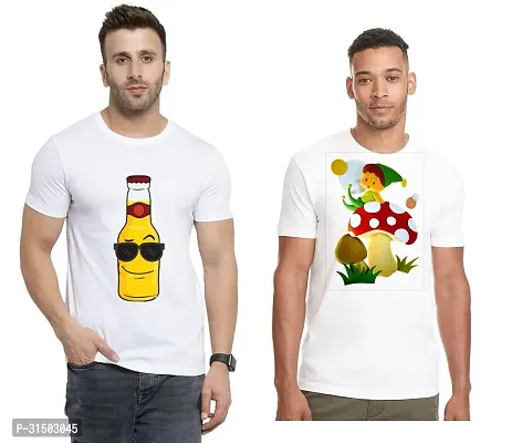 Stylish White Polyester Printed Short Sleeves T-Shirt For Men Pack Of 2