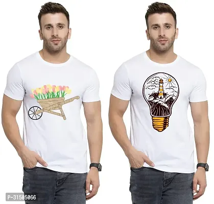 Stylish White Polyester Printed Short Sleeves T-Shirt For Men Pack Of 2