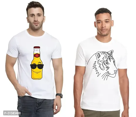 Stylish White Polyester Printed Short Sleeves T-Shirt For Men Pack Of 2