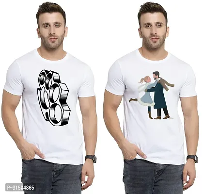 Stylish White Polyester Printed Short Sleeves T-Shirt For Men Pack Of 2-thumb0