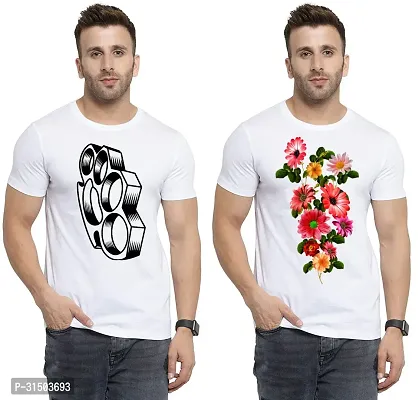 Stylish White Polyester Printed Short Sleeves T-Shirt For Men Pack Of 2