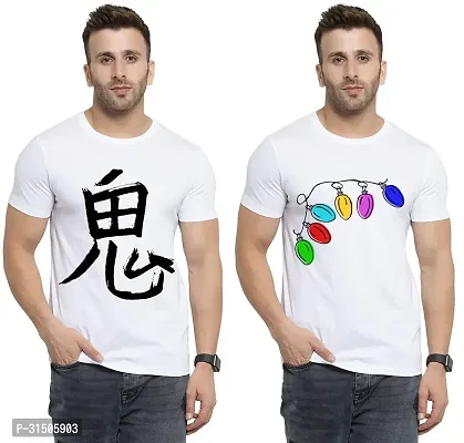 Stylish White Polyester Printed Short Sleeves T-Shirt For Men Pack Of 2-thumb0