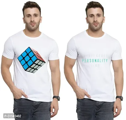 Stylish White Polyester Printed Short Sleeves T-Shirt For Men Pack Of 2