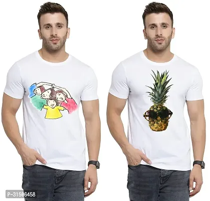 Stylish White Polyester Printed Short Sleeves T-Shirt For Men Pack Of 2-thumb0