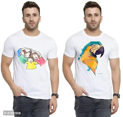 Stylish White Polyester Printed Short Sleeves T-Shirt For Men Pack Of 2-thumb0