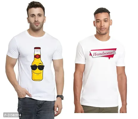 Stylish White Polyester Printed Short Sleeves T-Shirt For Men Pack Of 2