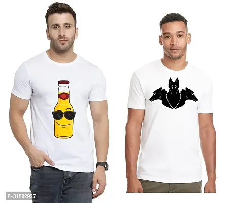 Stylish White Polyester Printed Short Sleeves T-Shirt For Men Pack Of 2