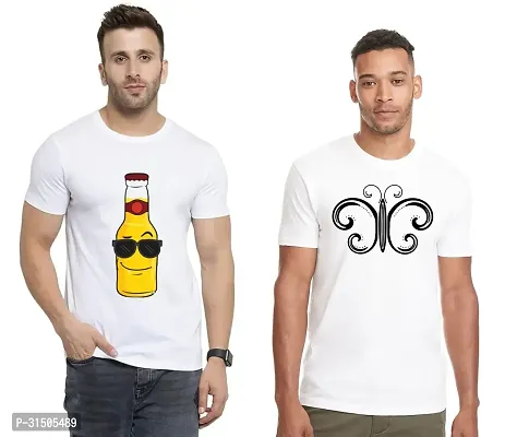 Stylish White Polyester Printed Short Sleeves T-Shirt For Men Pack Of 2