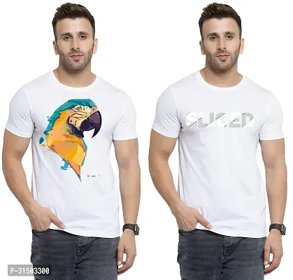 Stylish White Polyester Printed Short Sleeves T-Shirt For Men Pack Of 2