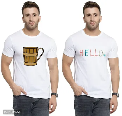 Stylish White Polyester Printed Short Sleeves T-Shirt For Men Pack Of 2-thumb0