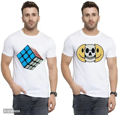 Stylish White Polyester Printed Short Sleeves T-Shirt For Men Pack Of 2