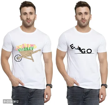 Stylish White Polyester Printed Short Sleeves T-Shirt For Men Pack Of 2