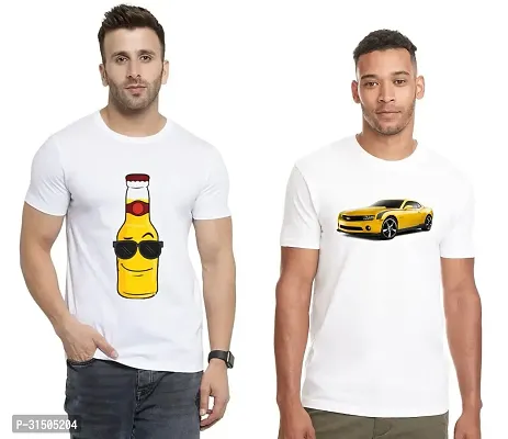 Stylish White Polyester Printed Short Sleeves T-Shirt For Men Pack Of 2