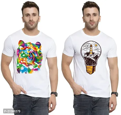 Stylish White Polyester Printed Short Sleeves T-Shirt For Men Pack Of 2